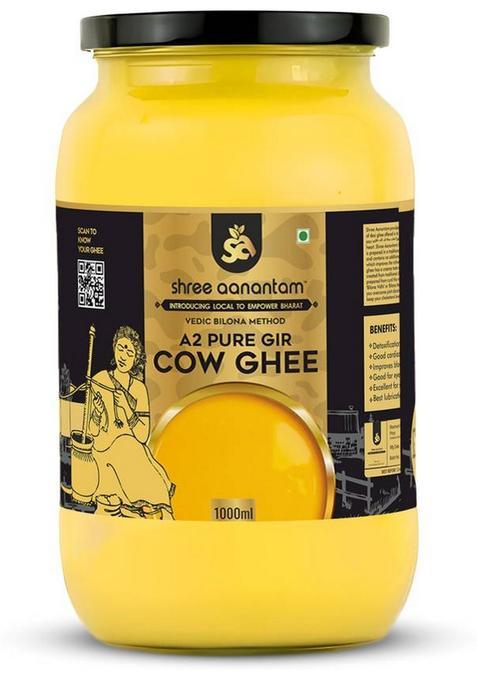Shree Aanantam A2 Gir Cow Desi Ghee | Made With Bilona Method Hand Churned 100% Pure Glass Bottle (1 L)