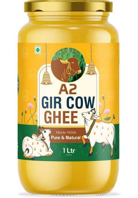 R K Organic A2 Gir Cow Ghee, Bilona Method, Grassfed, Cultured, Premium & Traditional Ghee Glass Bottle (1 L)