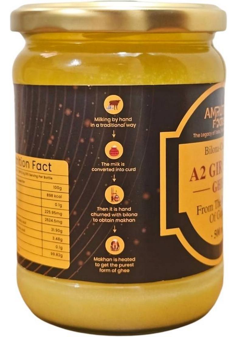 Amrutra Foods A2 Gir Cow Ghee Glass Jar|Traditional Bilona Method |Pure,Natural & Healthy Bottle (500 Ml)