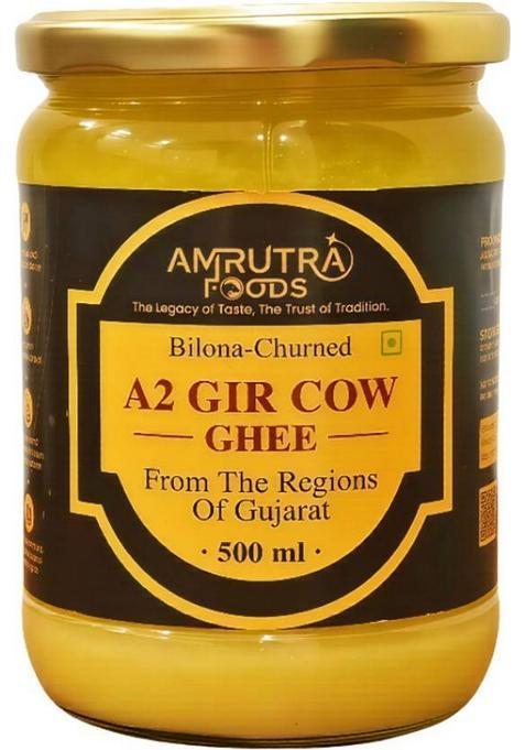 Amrutra Foods A2 Gir Cow Ghee Glass Jar|Traditional Bilona Method |Pure,Natural & Healthy Bottle (500 Ml)