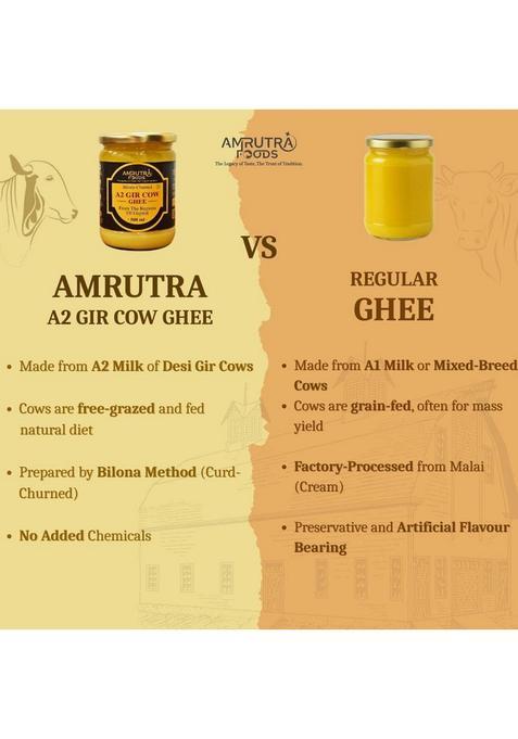 Amrutra Foods A2 Gir Cow Ghee Glass Jar|Traditional Bilona Method |Pure,Natural & Healthy Bottle (500 Ml)