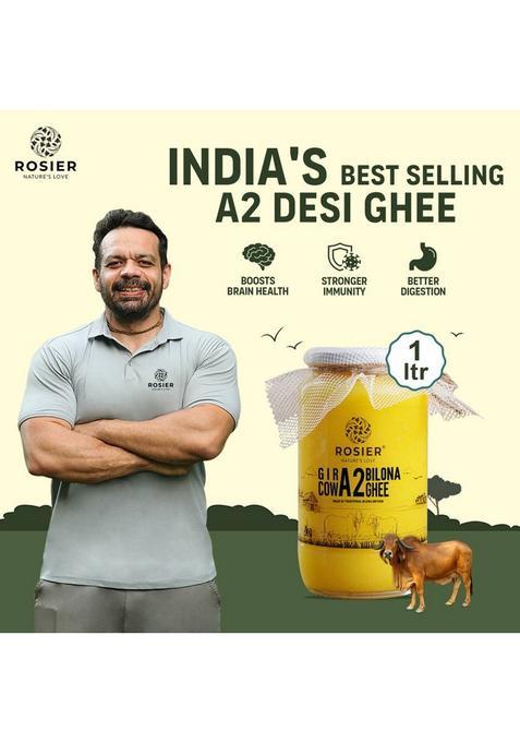 Rosier A2 Cow Ghee, Traditional Bilona Method, Pure, Natural And Healthy Ghee Glass Bottle (1 L)