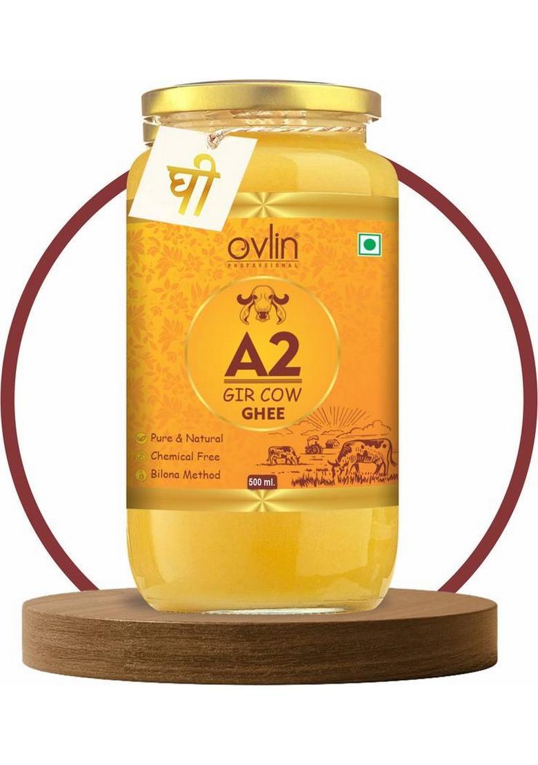 Ovlin A2 Desi Gir Cow|Bilona Method|Pure,Healthy| Pure Handmade Cow Ghee Glass Bottle (500 Ml)