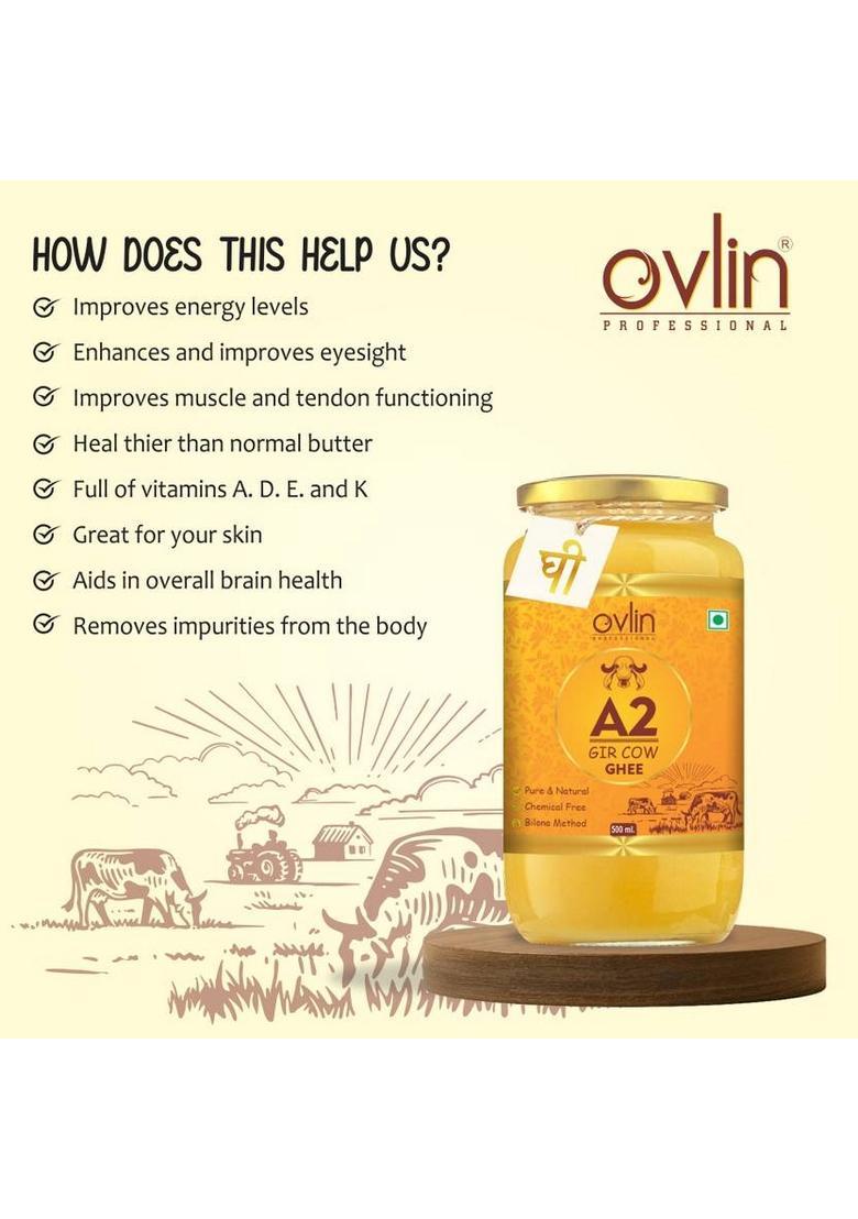 Ovlin A2 Desi Gir Cow|Bilona Method|Pure,Healthy| Pure Handmade Cow Ghee Glass Bottle (500 Ml)