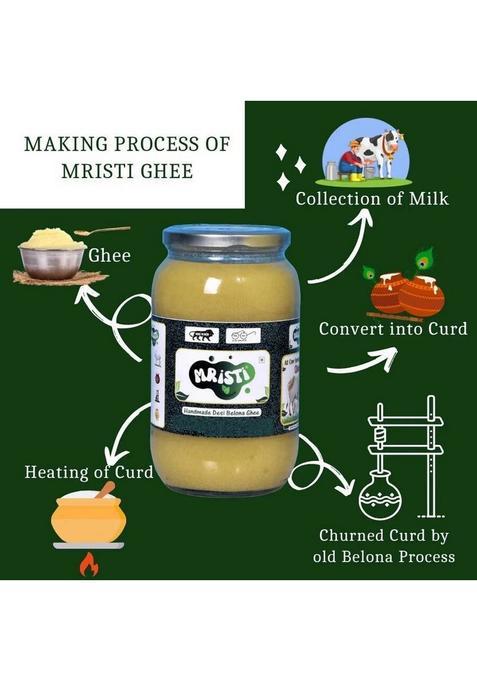 Mristi A2 Cow Handmade Desi Ghee,Lab Certified,Belona Methood Ghee Glass Bottle (500 G)