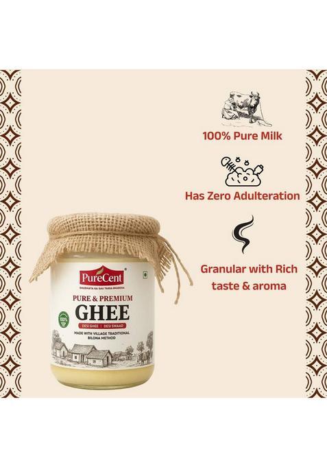 Purecent Traditional Bilona Method Ghee 500Ml Pure & Healthy Natural Rich In Nutrition Glass Bottle (500 Ml)