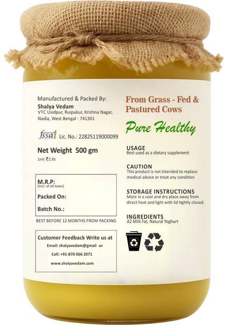 Shalya Vedam A2 Cow Ghee, Traditional Bilona Method, Pure, Natural And Healthy Ghee Glass Bottle (500 Ml)