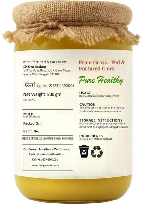 Shalya Vedam A2 Cow Ghee, Traditional Bilona Method, Pure, Natural And Healthy Ghee Glass Bottle (500 Ml)