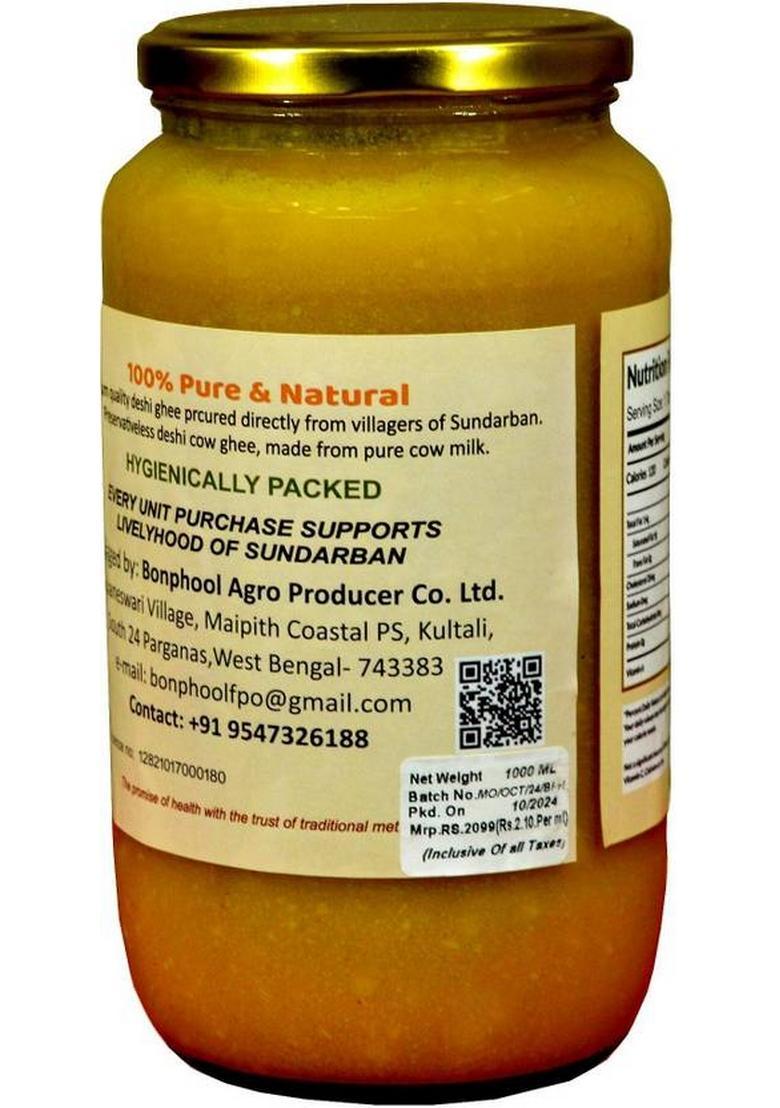 Bonphool A2 Desi Cow Ghee 1L | Pure Bilona Method Grass-Fed&Curd-Churned Indicus Cows Mason Jar (1000 G)