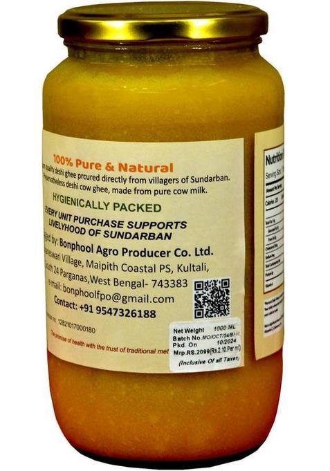 Bonphool A2 Desi Cow Ghee 1L | Pure Bilona Method Grass-Fed&Curd-Churned Indicus Cows Mason Jar (1000 G)
