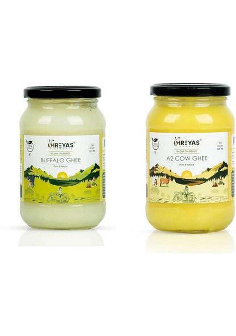 Shreyas Organic A2 Gir Desi Cow Ghee And Natural Healthy Farm ( 500Gm Each ) Glass Bottle (1 L, Pack Of 2) - Indya