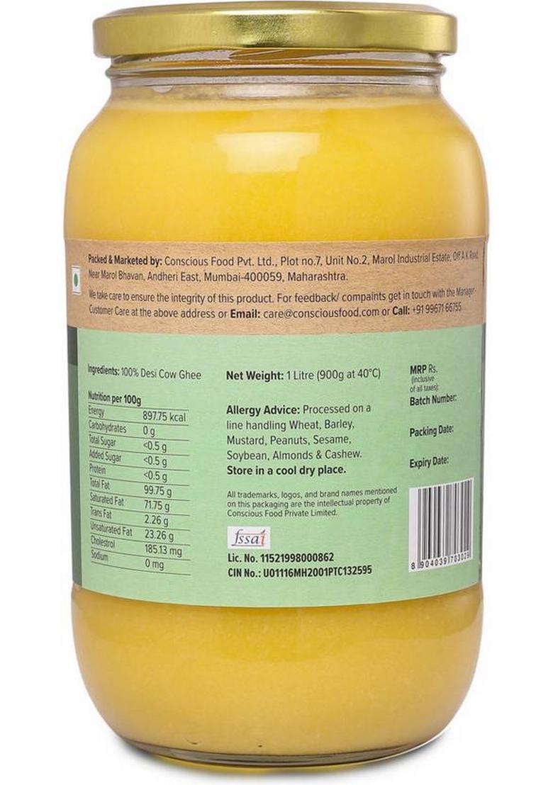 Conscious Food A2 Desi Cow Ghee 1L | Made With Pure Milk From Grass Fed Cows Mason Jar (1 L)