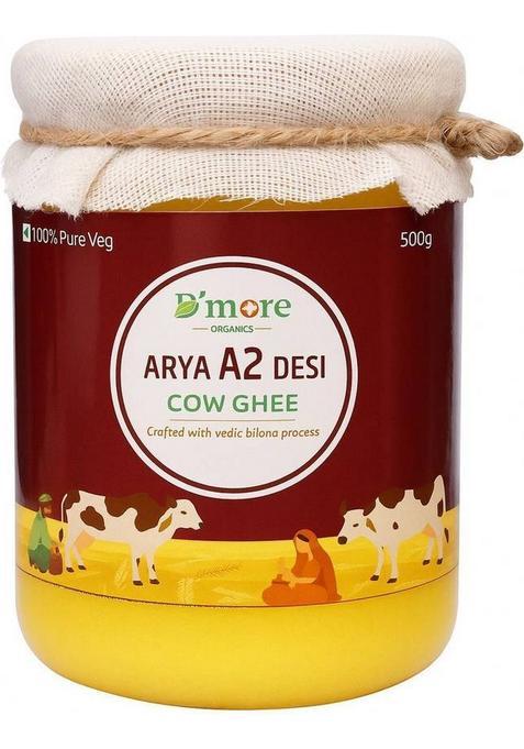 D'More Organics Arya A2 Desi Cow Ghee | Pure Bilona From Gir Milk Mason Jar (500 G)