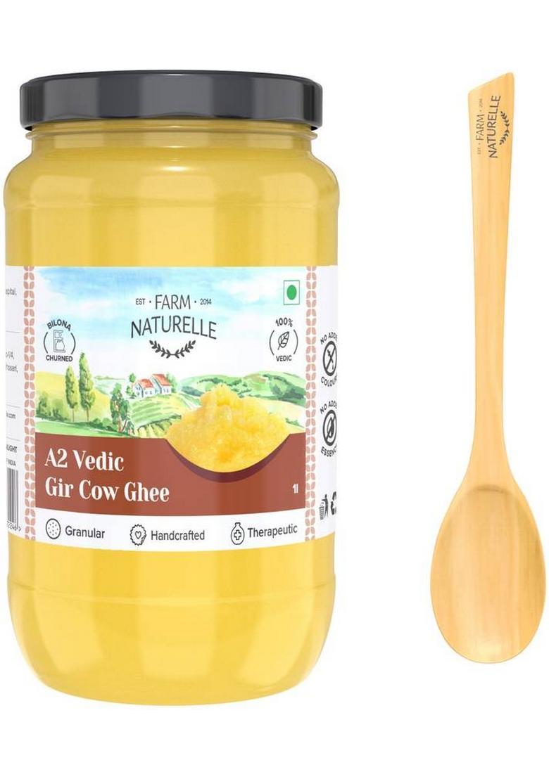 Farm Naturelle A2 Desi Cow Ghee From Grass Fed Gir Cows Glass Jar- And A Wooden Spoon. Bottle (1000 Ml)
