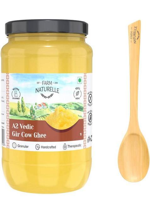 Farm Naturelle A2 Desi Cow Ghee From Grass Fed Gir Cows Glass Jar- And A Wooden Spoon. Bottle (1000 Ml)
