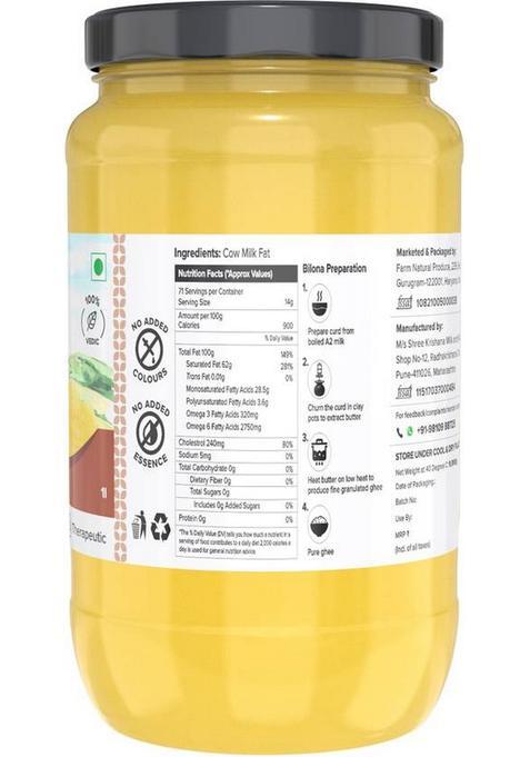 Farm Naturelle A2 Desi Cow Ghee From Grass Fed Gir Cows Glass Jar- And A Wooden Spoon. Bottle (1000 Ml)