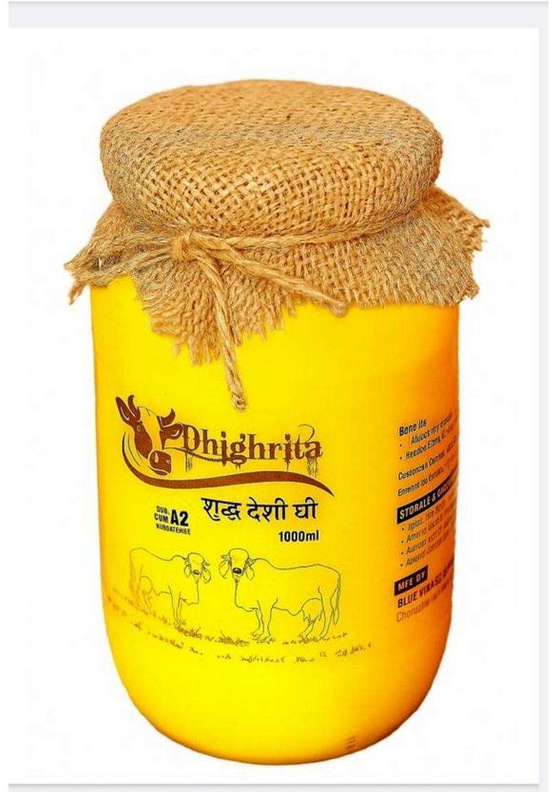 Dhighrita A2 Gir Cow Ghee Traditional Bilona Method \ Grassfed Pure And Health Glass Bottle (1000 Ml) - Indya