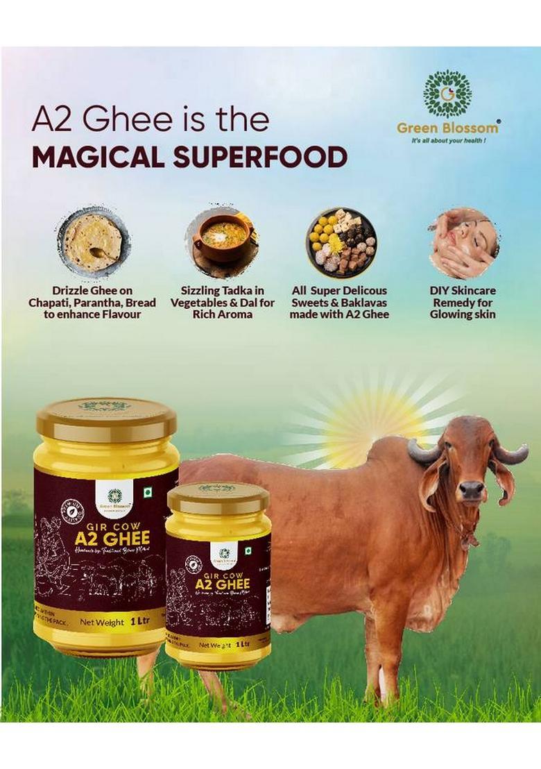 Green Blossom A2 Gir Cow Ghee | Traditional Bilona Hand Churned Pure Glass Bottle (500 Ml)