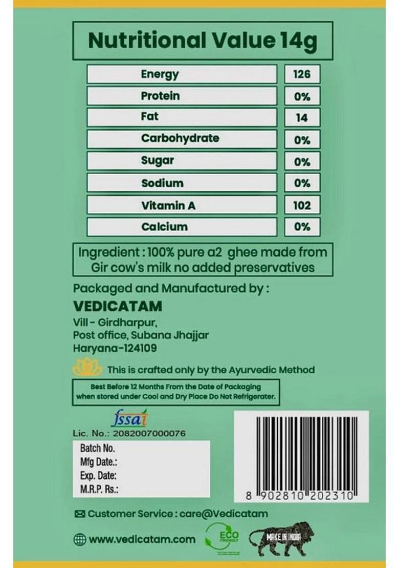 Vedicatam A2 Gir Cow Ghee Traditional Bilona Method, 100% Pure, Natural, Milk Curd Based Glass Bottle (500 G)