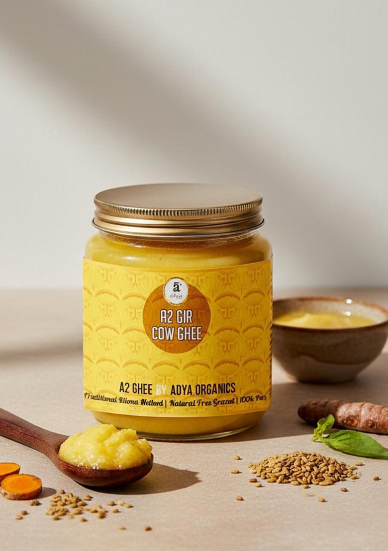 Adya Organics A2 Gir Cow Ghee 100% Pure & Organic Glass Bottle (500 G)