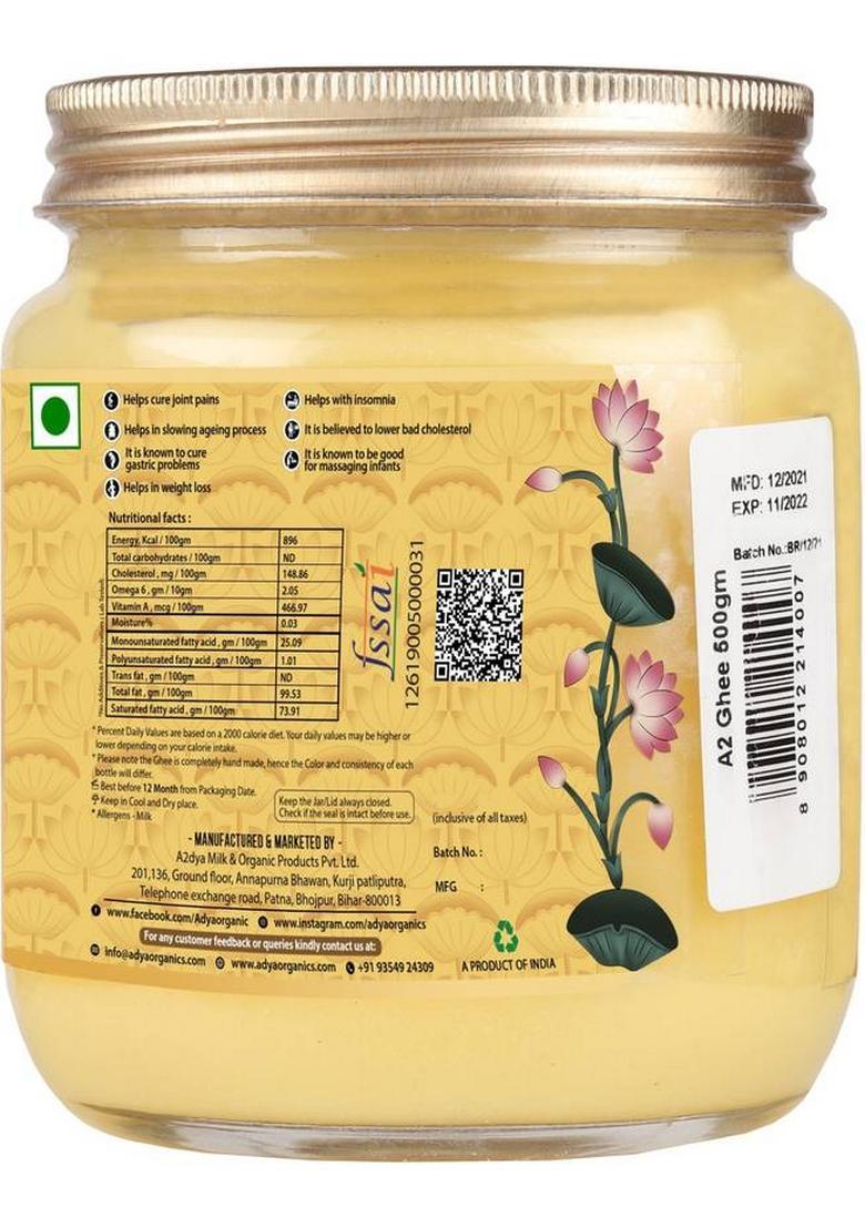 Adya Organics A2 Gir Cow Ghee 100% Pure & Organic Glass Bottle (500 G)