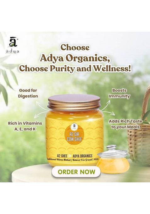 Adya Organics A2 Gir Cow Ghee 100% Pure & Organic Glass Bottle (500 G)