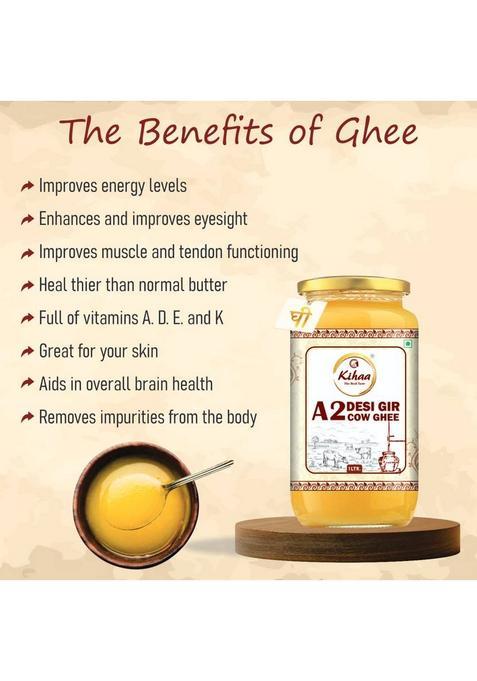 Kihaa Premium A2 Gir Cow Ghee 1L | Rich In Nutrients Authentic And Traditional Glass Bottle (500 Ml)