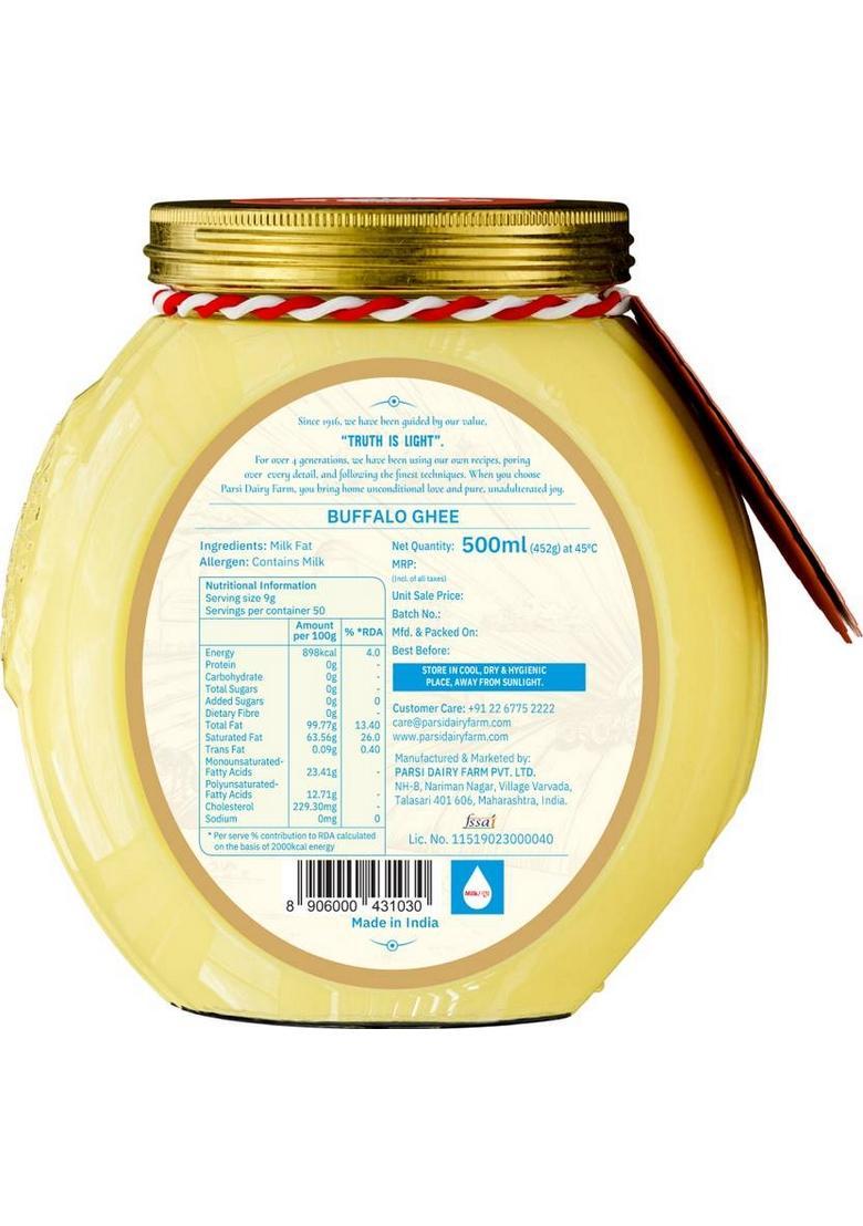 Parsi Dairy Farm Buffalo Ghee: Pure And Traditional Desi Ghee, 100% Vegetarian & No Preservative Ghee Glass Bottle (500 Ml)