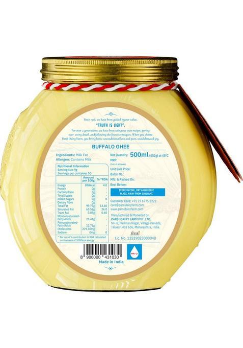 Parsi Dairy Farm Buffalo Ghee: Pure And Traditional Desi Ghee, 100% Vegetarian & No Preservative Ghee Glass Bottle (500 Ml)