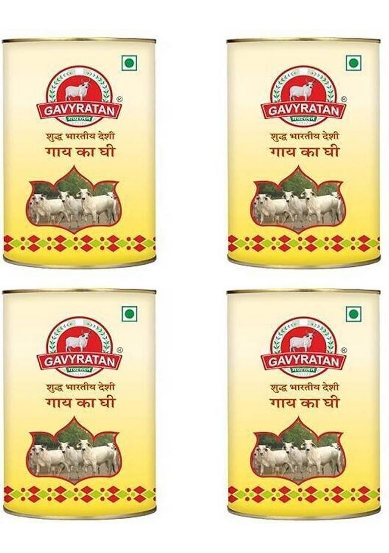 Gavyratan Desi Cow A2 Ghee 100% Organic In Bilona Method Can (1 L, Pack Of 4)