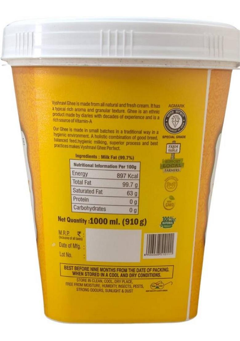 Vyshnavi Pure Cow Ghee | Healthy & Nutritious Good For Digestion Rich In Aroma Tub (1000 G)