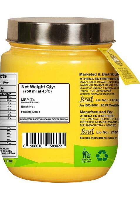 Ved-A2 Grass Fed A2 Gir Cow Ghee Glass Bottle (750 Ml)