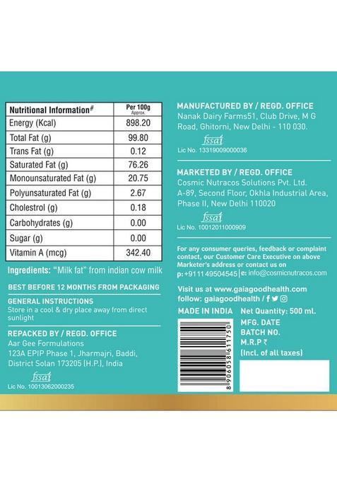 Tellus A2 Cow Ghee 500Ml Glass Bottle (500 G)