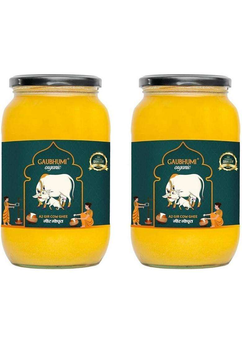 Gaubhumi Organic Rich And Nutritious Clarified A2 Gir 1000 Ml Cow Ghee Pack Of 2 Glass Bottle (1000 Ml, 2) - Indya