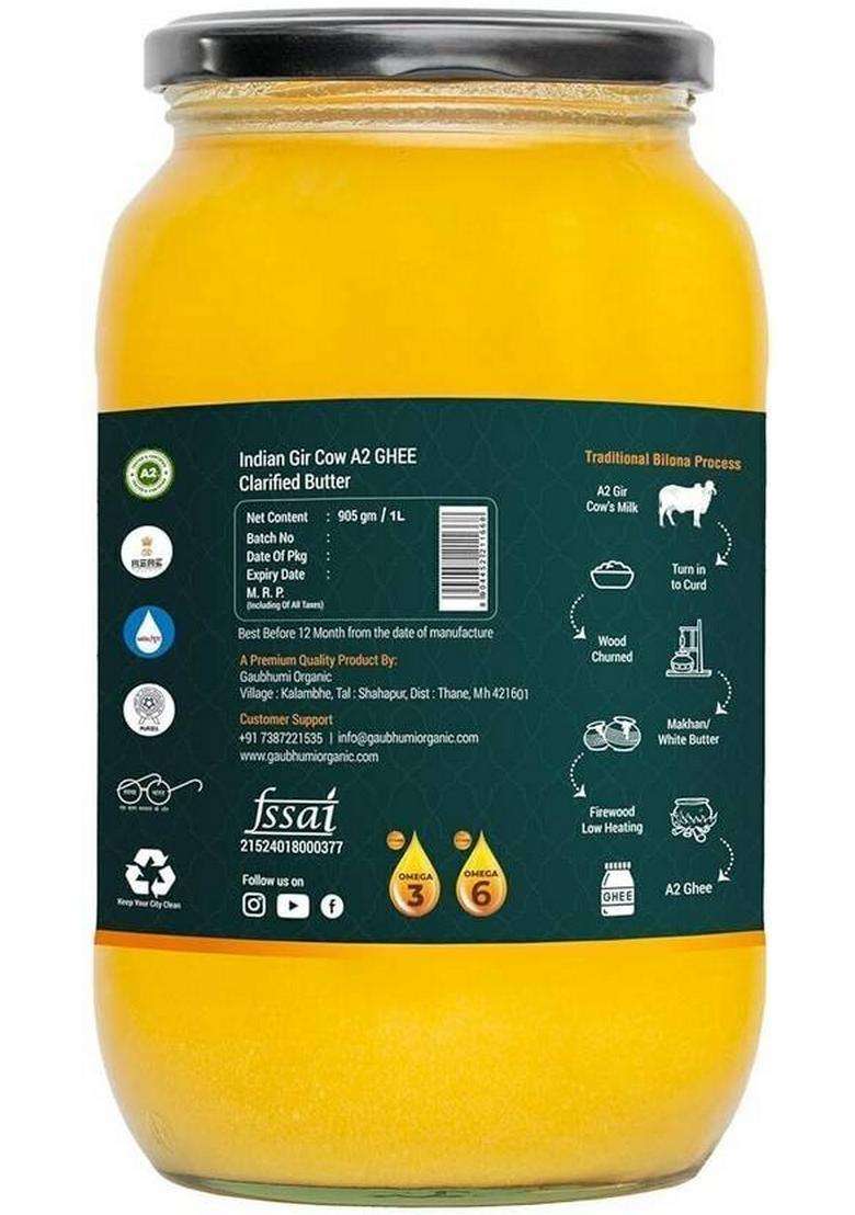 Gaubhumi Organic Rich And Nutritious Clarified A2 Gir 1000 Ml Cow Ghee Pack Of 2 Glass Bottle (1000 Ml, 2) - Indya