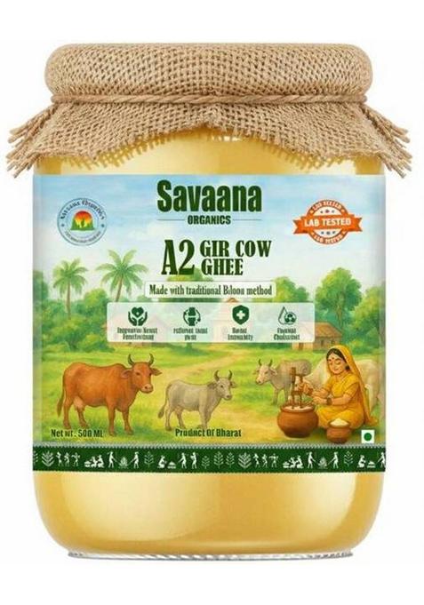 Savaana Organics A2 Gir Cow Bilona Ghee Glass Bottle (500 Ml)