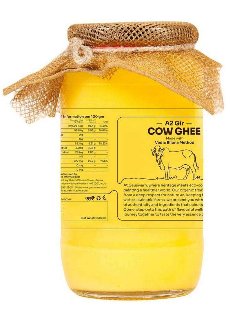 Gau Swarn A2 Gir Cow Ghee Glass Bottle (500 Ml) - Indya