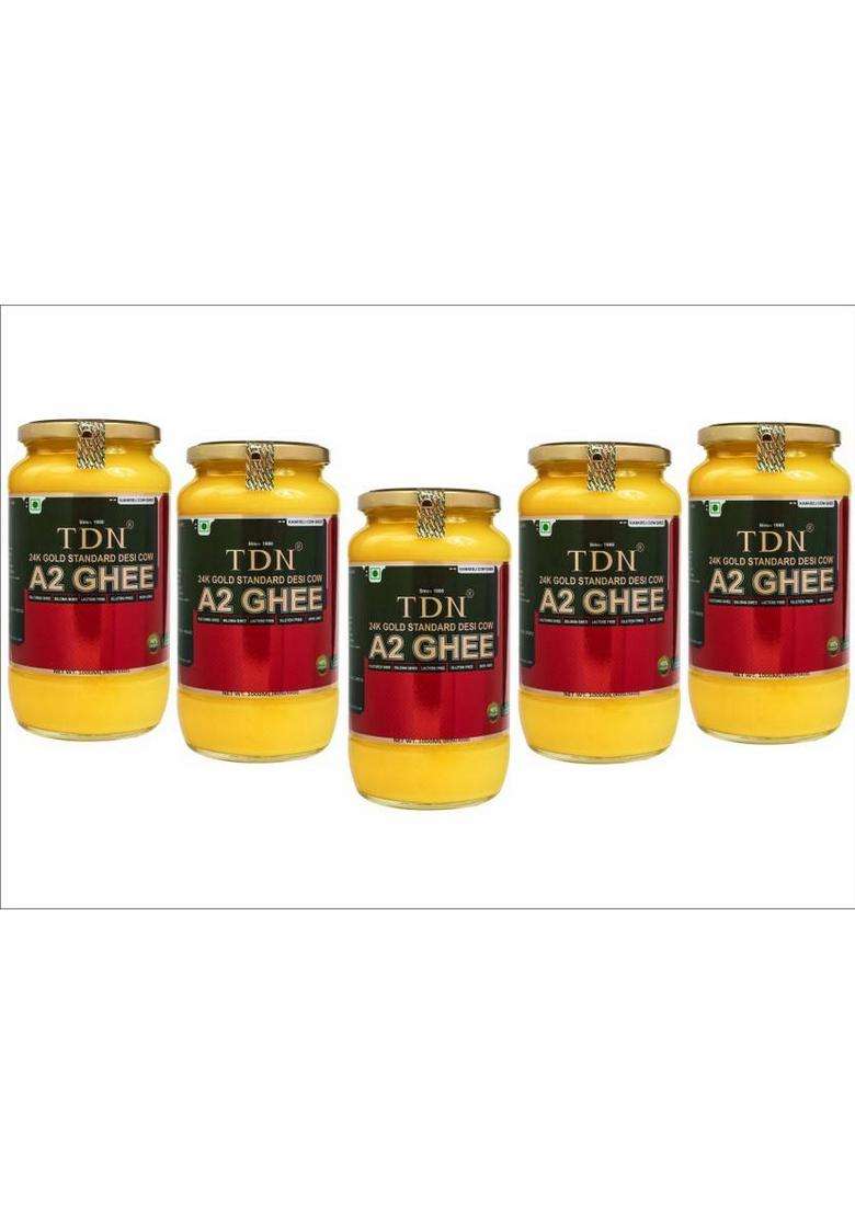Tdn A2 Cow Ghee Bilona|Cow 1 Kg|Pure Litre|Cow 5 Kg|A2 Bilona Glass Bottle (1 L, Pack Of 5) - Indya