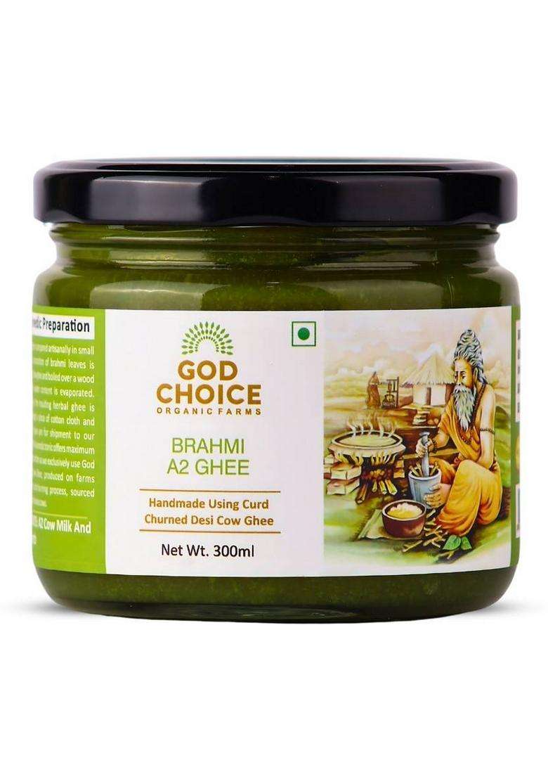 God Choice Organic Farms Ayurvedic Brahmi A2 Desi Cow Ghee 300 Ml From Bilona Method | Glass Bottle (300 G) - Indya