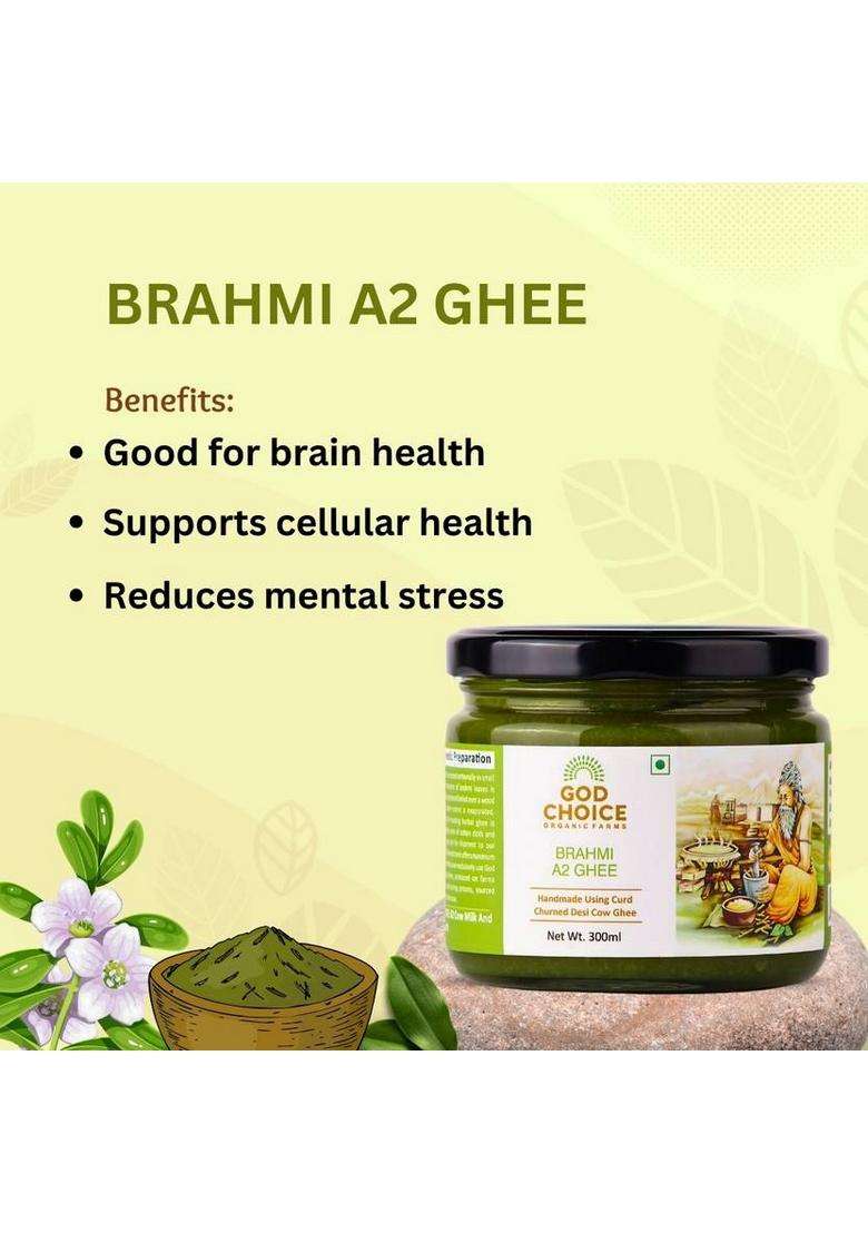 God Choice Organic Farms Ayurvedic Brahmi A2 Desi Cow Ghee 300 Ml From Bilona Method | Glass Bottle (300 G) - Indya