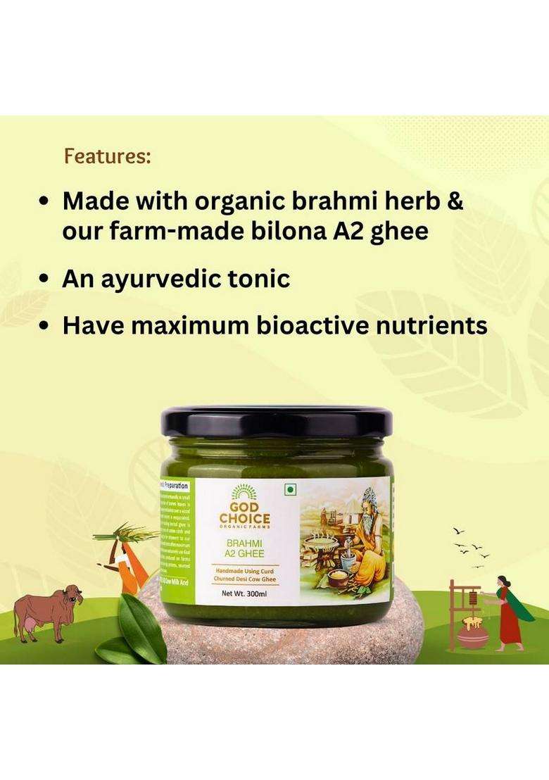 God Choice Organic Farms Ayurvedic Brahmi A2 Desi Cow Ghee 300 Ml From Bilona Method | Glass Bottle (300 G) - Indya