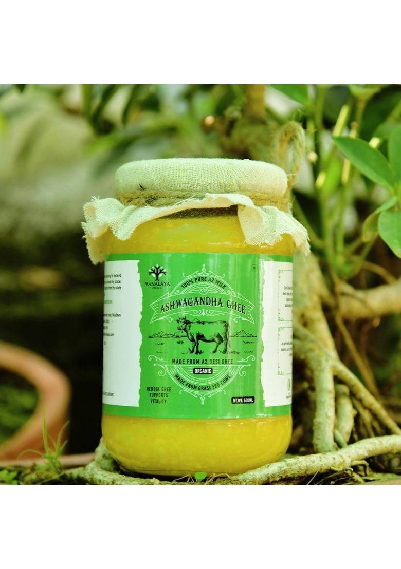 Vanalaya Ashwagandha Infused Desi Cow Ghee For Energy And Vitality Glass Bottle (500 Ml)