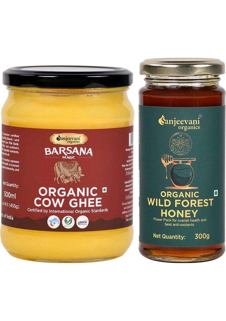 Sanjeevani Organics Organic Cow Ghee & Wild Forest Honey | Nutrient Rich Chemical Free Glass Bottle (755 G, Pack Of 2) - Indya