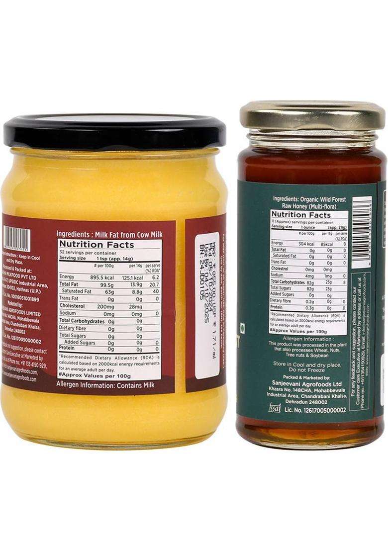 Sanjeevani Organics Organic Cow Ghee & Wild Forest Honey | Nutrient Rich Chemical Free Glass Bottle (755 G, Pack Of 2) - Indya