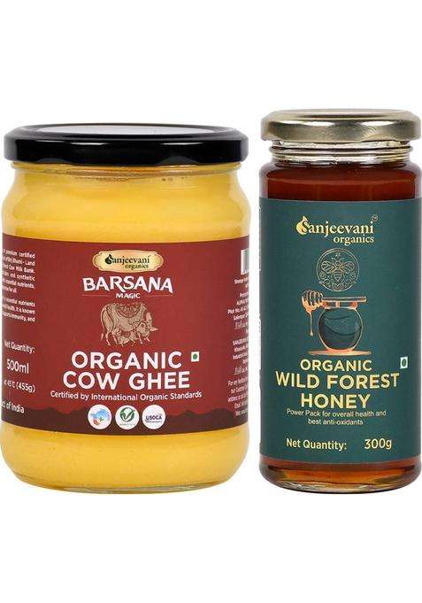 Sanjeevani Organics Organic Cow Ghee & Wild Forest Honey | Nutrient Rich Chemical Free Glass Bottle (755 G, Pack Of 2)