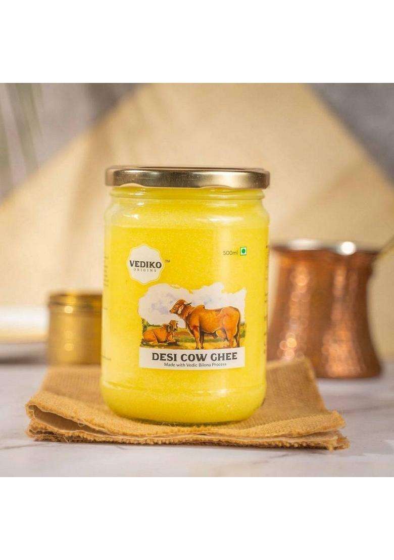 Vediko Origins A2 Desi Cow Ghee | Traditional Bilona Curd Method Gir/Sahiwal Glass Bottle (500 Ml) - Indya