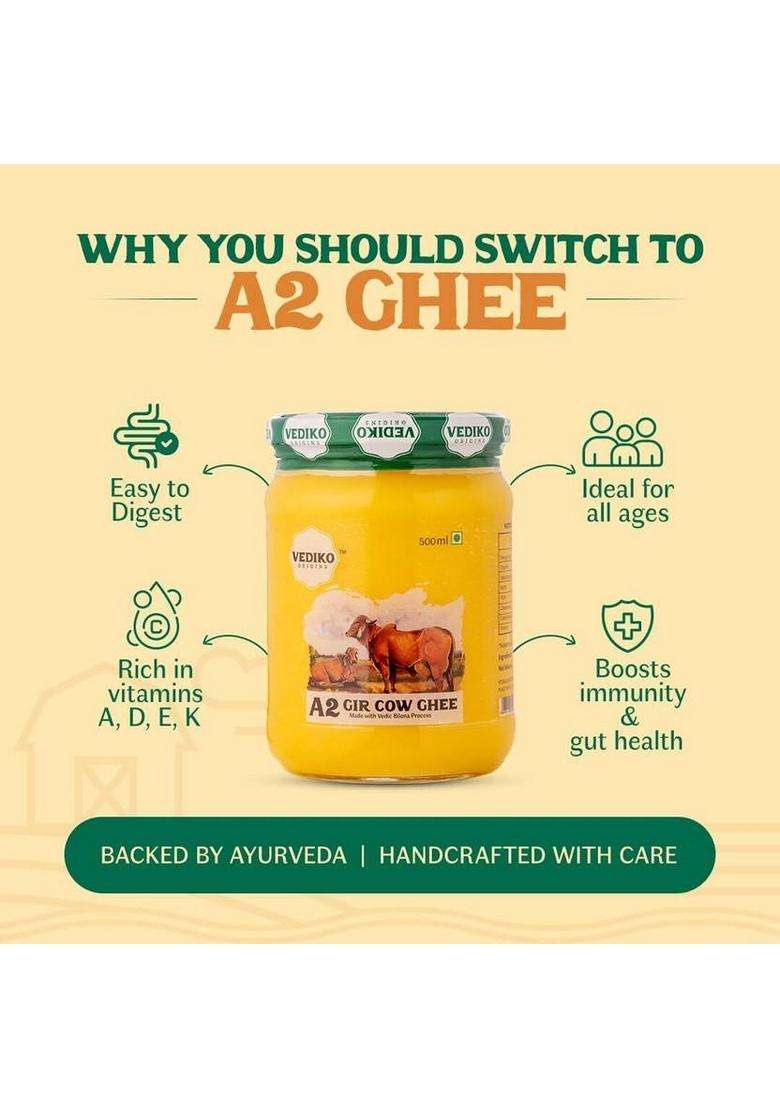 Vediko Origins A2 Desi Cow Ghee | Traditional Bilona Curd Method Gir/Sahiwal Glass Bottle (500 Ml) - Indya