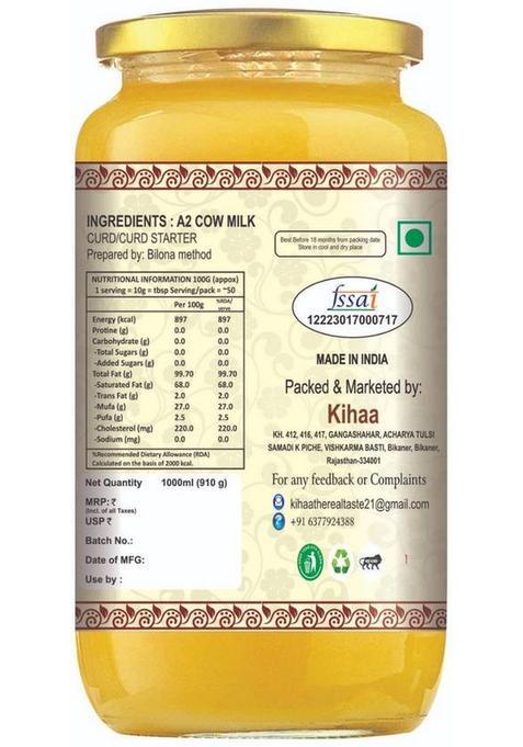 Kihaa Natural Healthy & Fresh A2 Cultured Desi Gir Cow Ghee Hand Made Glass Bottle (500 Ml)