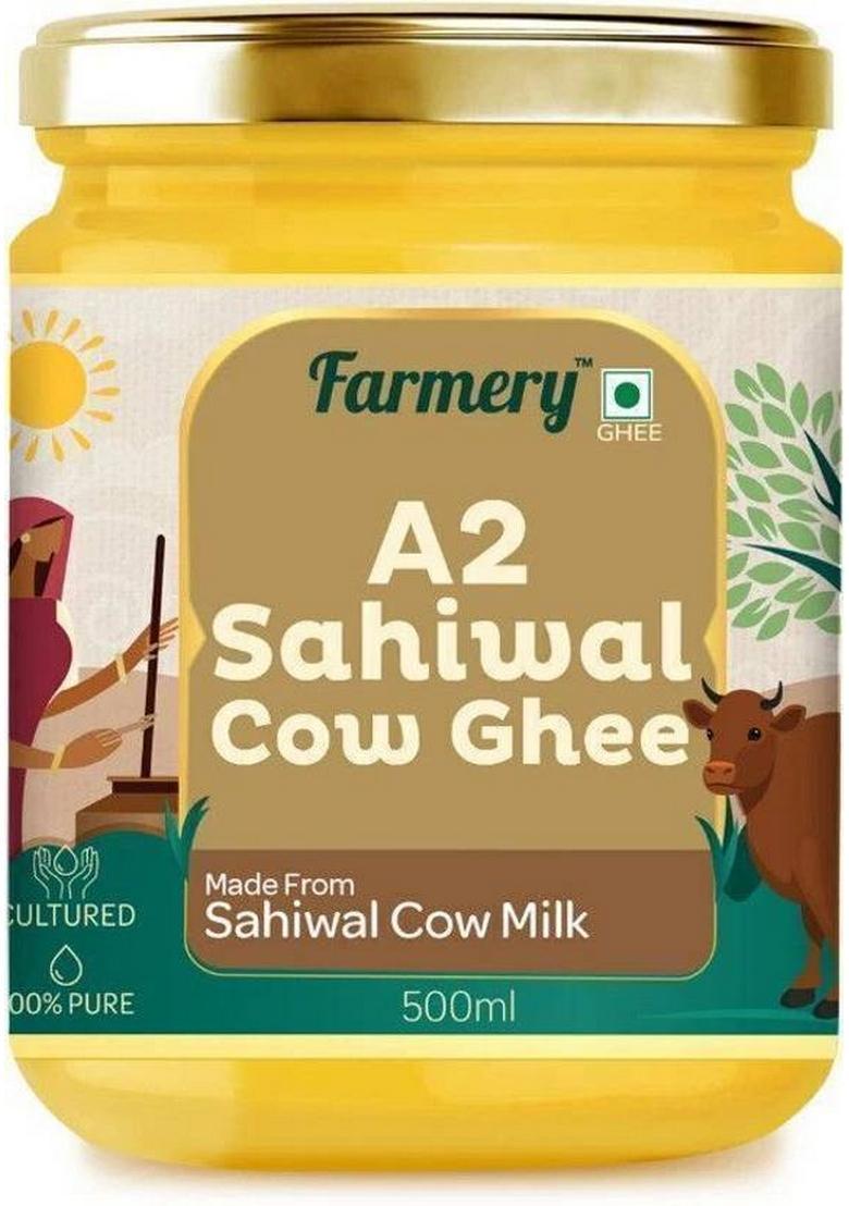Farmery A2 Sahiwal Cow Ghee | 100% Pure Desi Ghee| Organic & Gluten-Free Rich In Omega Mason Jar (500 G)