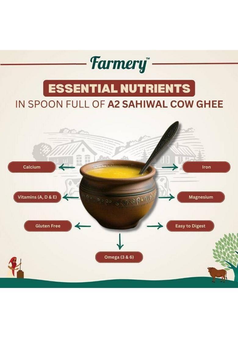 Farmery A2 Sahiwal Cow Ghee | 100% Pure Desi Ghee| Organic & Gluten-Free Rich In Omega Mason Jar (500 G)